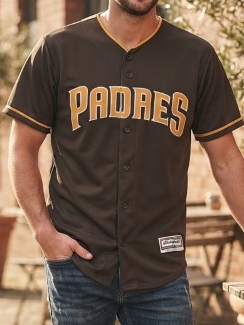 Majestic Padres Short-Sleeve Button Baseball Jersey in Brown and Gold